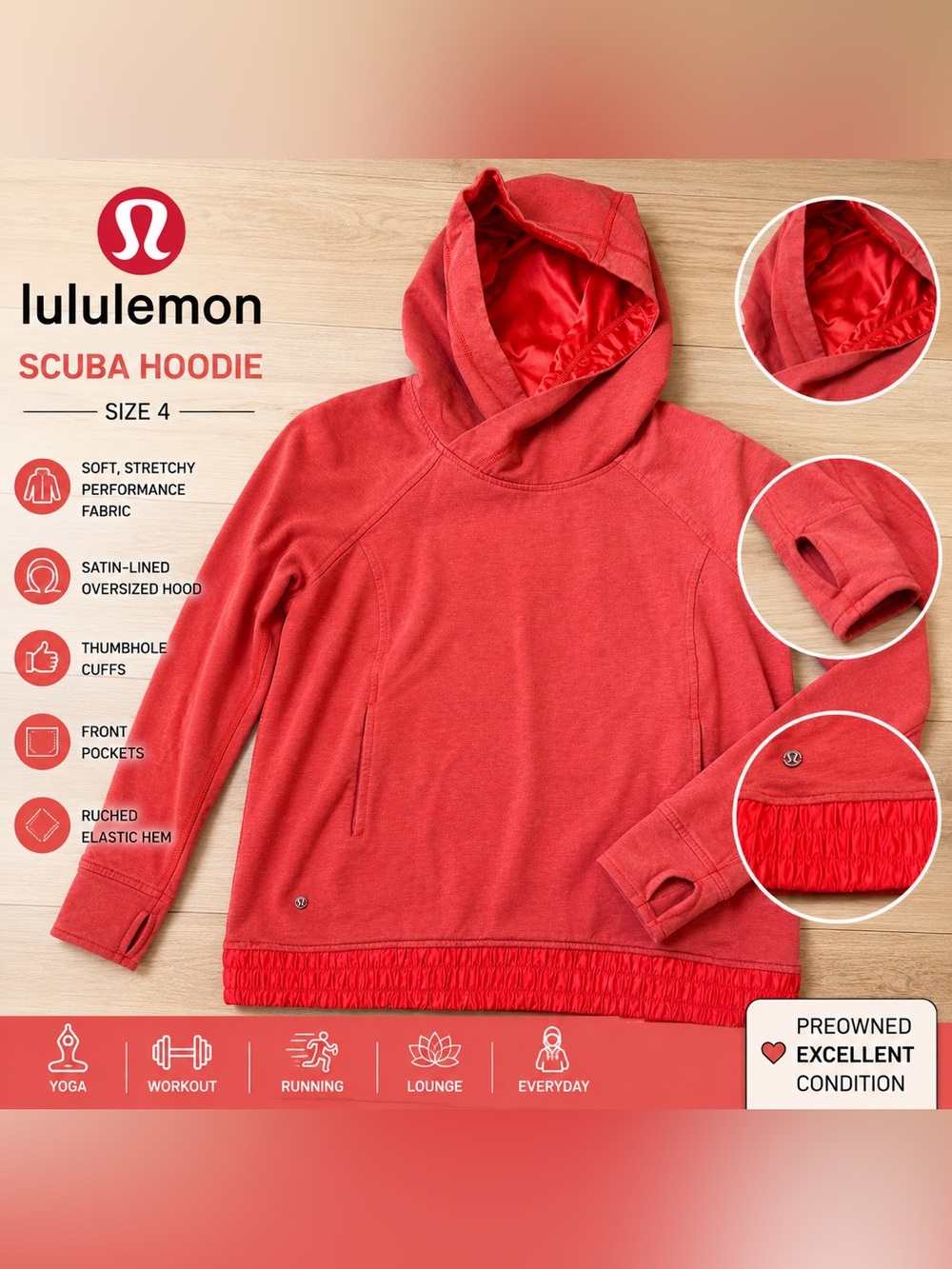 Lululemon Women’s Coral Scuba Pullover Hoodie Ruched Hem Sweatshirt Size 4